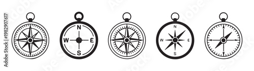 Vintage pocket compass collection with nautical navigation symbols and cardinal points for maritime adventures.