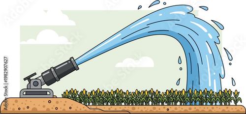 An illustration of a large irrigation cannon spraying water over a field of green crops under a light blue sky.