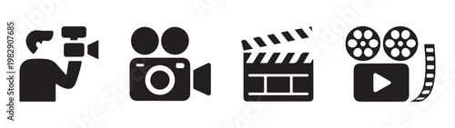 Professional cameraman and cinematic film equipment icons set for video production and media broadcast industry.