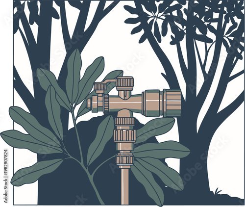 An illustration of a plumbing or irrigation valve system surrounded by stylized trees and large leaves, depicting a connection to nature.