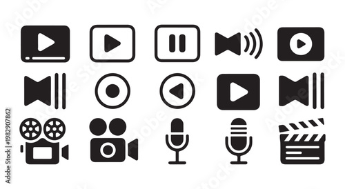Video player control buttons and production equipment icons with microphones cameras and playback menu elements.