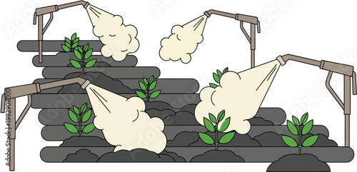 Illustration of an agricultural irrigation system spraying water or pesticides onto rows of young green plants in a field.