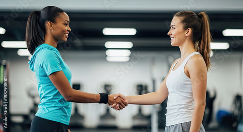 Two women shaking hands in a modern gym after a workout session together