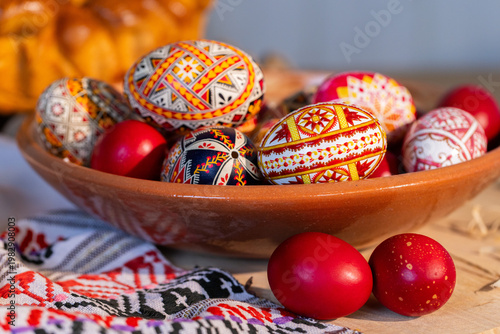Wallpaper Mural Hand Painted Easter Egg with Traditional Ornaments, Ancient Wax Resist Technique, Handmade Decor, Cultural Folk Art, Vintage Style Holiday Symbol, Authentic Easter Tradition Torontodigital.ca