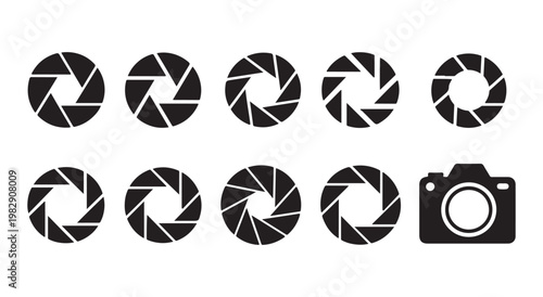 Camera shutter aperture icons vector set. various photographic diaphragm open and close symbols collection.