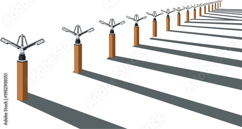 A long row of modern streetlights with abstract designs casting long shadows into the distance.