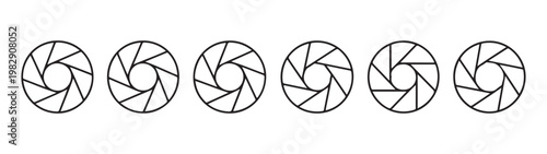 Camera shutter aperture icons outline vector set. various photographic diaphragm open and close symbols collection.