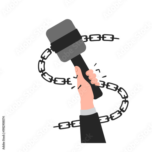 Hand Holding Hammer with Breaking Chains Illustration
