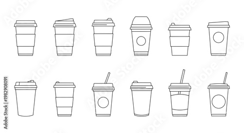 Collection of coffee cups and takeaway beverage containers as line art icons