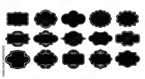 Collection of fifteen decorative vintage frames and classic label shapes in black silhouette style for elegant branding and ornate graphic design