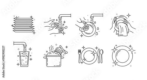 Collection of eight hand drawn kitchen cleaning icons illustrating dishwashing and household chores for hygiene and home care guides