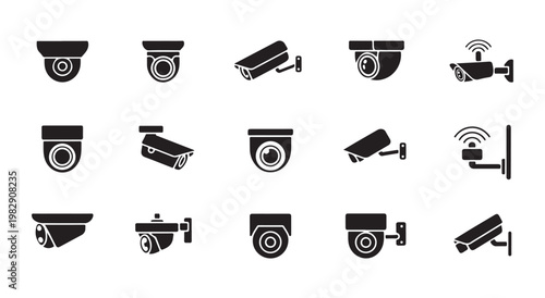 Collection of security surveillance cameras icons and symbols for monitoring and protection purposes.