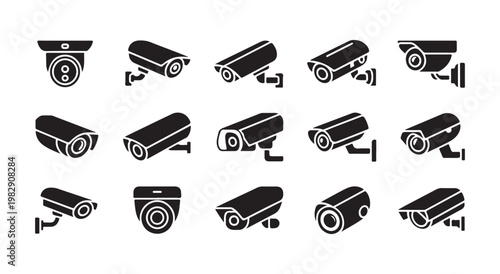 Group of modern security cameras icons for home and business surveillance systems.