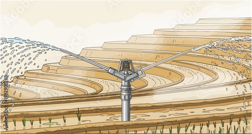 A center-pivot irrigation system watering terraced agricultural fields in a dry landscape, showing water being sprayed onto crops.