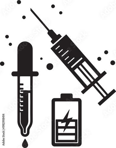 Black and white of medical equipment including syringe, pipette, and vial also transparent background