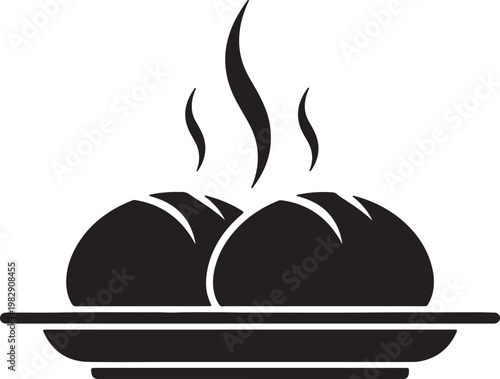 Black and white silhouette of two steaming bread rolls on a plate also transparent background, food