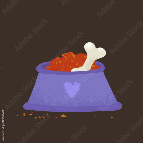 Dog food bowl with bone, hand drawn pet illustration, simple design, vector clipart isolated on dark background
