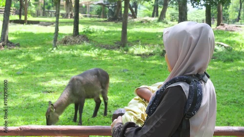 Woman at a zoo with child, observing animals behind a fence. Perfect for illustrating family outings, wildlife conservation, and education.
