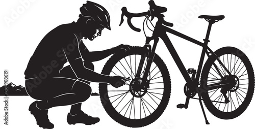 Silhouette of a person adjusting the wheel of a bicycle while wearing a helmet also transparent background