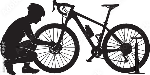 Silhouette of a person adjusting a black bicycle in a minimalist style also transparent background bike