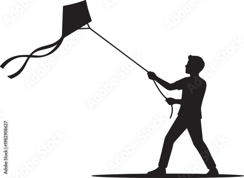 Silhouette of a person flying a kite with long tail also transparent background