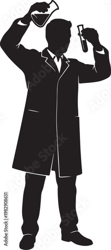 Silhouette of a person in a lab coat holding a test tube and a flask, black and white also transparent background