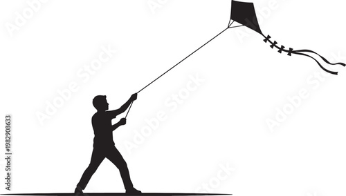 Silhouette of a person flying a diamond-shaped kite with a tail also transparent background
