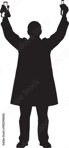 Silhouette of a person in a lab coat raising two flasks also transparent background, scientist