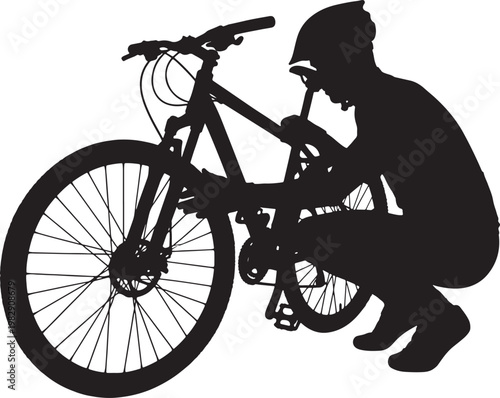Silhouette of a person inspecting or fixing a mountain bike also transparent background, cyclist bicycle
