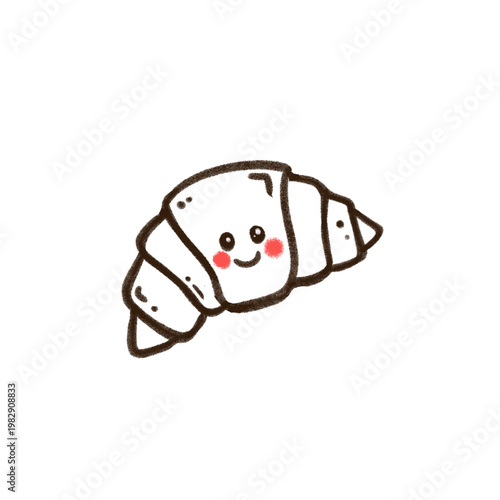 Hand-drawn croissant illustration in black and white with a cute smiling face rosy cheek and simple sketch style. Perfect for coloring pages, bakery branding, café menus, packaging, kids content.