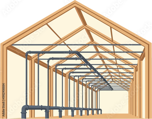 Interior view of a large wooden-framed structure, possibly a greenhouse or industrial shed, featuring an extensive grey pipe system for irrigation or climate control.