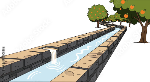 A cartoon illustration of an irrigation canal with flowing water and a row of orange trees alongside it, set against a white background.