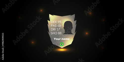 Futuristic gold soccer player card template with Brazilian flag, customizable stats, and glowing light effects on a dark background