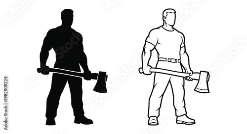 Two depictions of a lumberjack holding an axe one in silhouette and one outlined