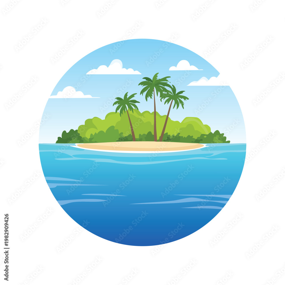 Obraz premium Tropical island scene with palm trees and ocean waters in a circular design