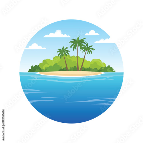 Tropical island scene with palm trees and ocean waters in a circular design