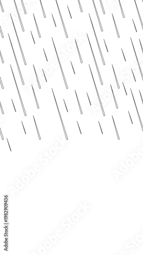 Rainfall black and white vertical top border. Rain. Rainy weather. Seamless upper frame with line art pattern. Flat 2D graphic composition. Falling outline elements. Social media overlay copy space