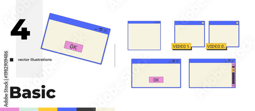 Basic pixel art popup windows UI overlay pack. Essential empty dialog boxes. Scrollbar panel and videos. Blocky interface element collection in retro 8bit style. Bitmap-inspired UX design