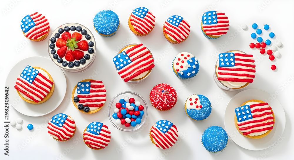 Fototapeta premium Festive fourth of july decorated dessert treats on white plates