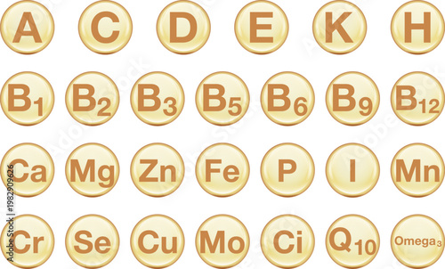 Comprehensive set of glossy golden vitamin and mineral icons including A, B-complex, C, D, E, K, and essential elements like calcium, magnesium, zinc, and iron, perfect for healthcare, nutrition,