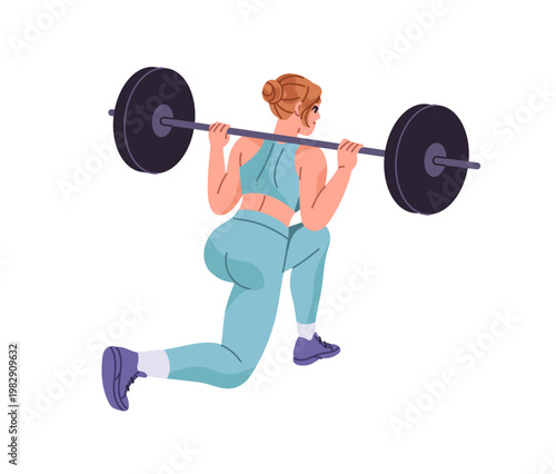 Girl does barbell split squats at workout back view. Woman in sportswear does sports training. Athlete does Bulgarian lunges with weight in fitness gym. Flat isolated vector illustration on white