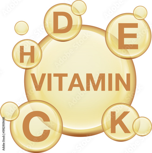 Bright glossy illustration representing essential vitamins including A, B, C, D, E, and K in abstract bubble style. Concept of health, nutrition, supplements, and wellness.
