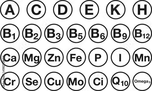 Minimal black and white set of vitamin and mineral icons in clean circular outline style. Includes essential nutrients such as A, B-complex, C, D, E, K, and key elements, ideal for healthcare