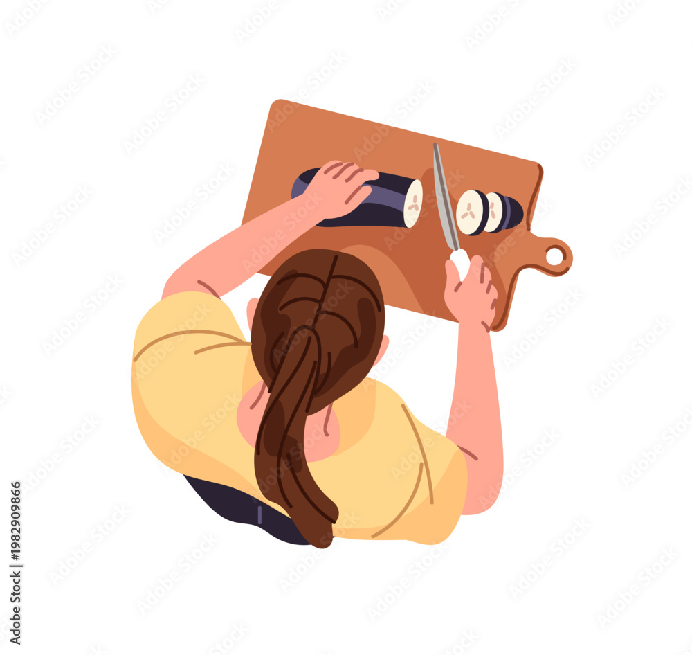 Obraz premium Girl is cooking top view. Woman holds knife and cuts eggplant on chopping board. Chef cooks food in kitchen. Person prepares vegetable meal. Flat isolated vector illustration on white background