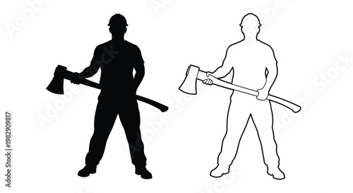 Silhouettes of a lumberjack holding an axe presented in contrasting black and white