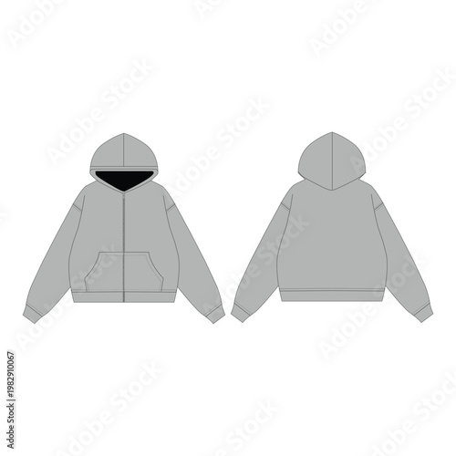 Zip-Up Hoodie front and back view vector mockup. Relaxed drop shoulder streetwear fashion clothing flat sketch template with kangaroo pocket for tech pack.