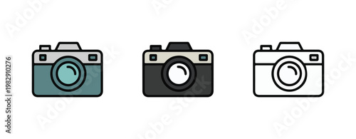 Color flat camera icon set with retro and modern aesthetics for photography blogs and social media profiles.