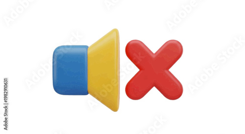 Vector illustration of 3d render of a mute icon with a blue speaker and a red cross on a transparent background