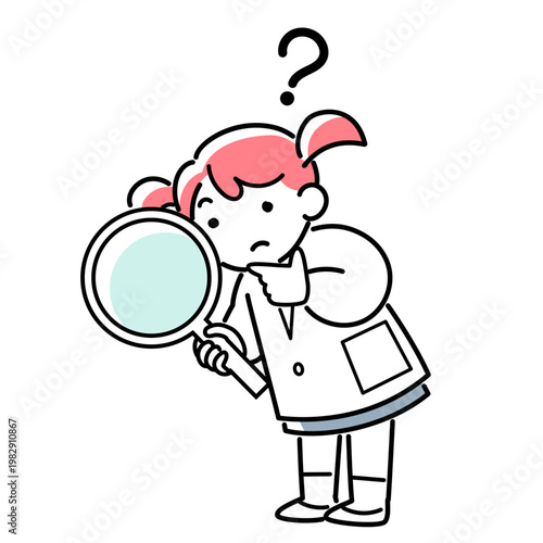 虫眼鏡を持って調べる白衣の女の子