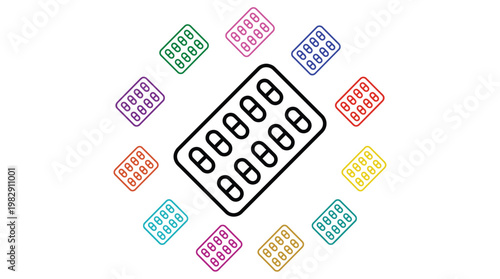 Medicine Pill Blister Pack Vector Icons Set, Colorful Capsule Medication Line Art Illustration